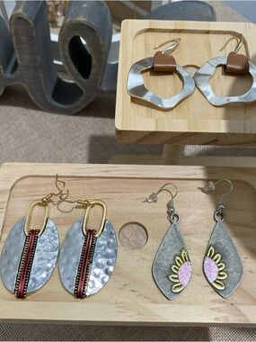Set of 3Handcrafted Mixed-Metal and Leather Drop Earrings - Brown & Pink Accents